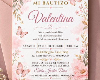 Mi Bautizo Invitation Template, Spanish Girl Baptism Invite, Pink Butterfly Watercolor, Editable Canva Text, 5x7 Digital Download