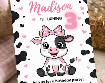 Pink Cow Birthday Invitation: Editable Farm Party Template (Digital Download)