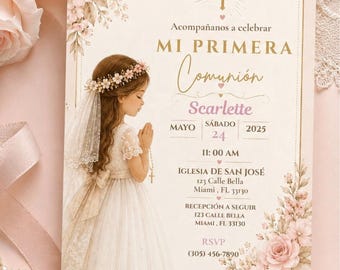 Girl's First Communion Invitation: Pink Gold Floral Editable Canva Template (Spanish)