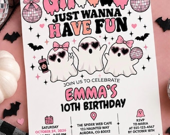 Ghouls Just Wanna Have Fun Birthday Invitation, Pink Halloween Party Invite, Girl Ghost Birthday, Editable Canva Template