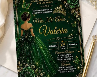 Emerald Green Quinceañera Invitation: Gold Glitter Mis XV Anos Template (Digital Download)