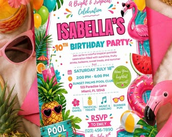 Tropical Pool Party Invitation: Flamingo Birthday Canva Template (Digital Download)