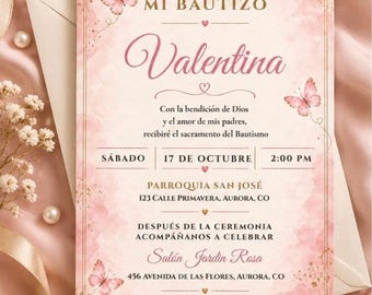 Mi Bautizo Butterfly Invitation, Editable Spanish Baptism Invite, Pink Watercolor Canva Template, 5x7 Digital Download
