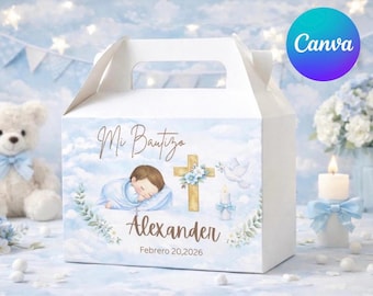 Boy Baptism Gable Box Label, Mi Bautizo Favor Template (Digital Download, 6.5x3.5 in )