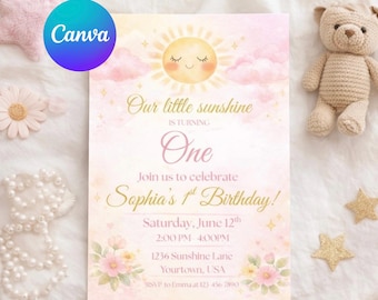 Little Sunshine 1st Birthday Invitation: Pink Watercolor Girl Party (Digital Download)