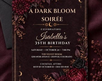 Dark Floral Birthday Invitation Template, Editable Canva 5x7 Invite, Burgundy Black Gold Gothic Birthday, A Dark Bloom Soirée