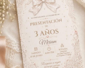 Elegant 3rd Birthday Presentation Invitation Template: Spanish Girl, Lace Bow (Digital Download)