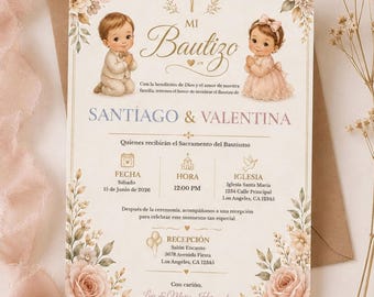 Editable Twin Baptism Invitation Template: Spanish Mi Bautizo Invite (Digital Download)