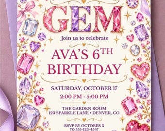 She’s a Gem Birthday Invitation, Editable Canva Template, Pink Purple Jewel & Bow Party Invite, Printable 5x7