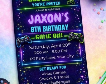 Neon Gamer Birthday Invitation: Level Up Party Invite (Digital Download)