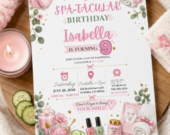 Spa Birthday Invitation Template, Spa Party Invite for Girls, Pink Spa Sleepover Birthday, Editable Canva Invitation, Digital Download