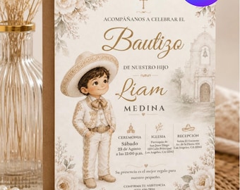 Editable Charro Baptism Invitation Template, Mi Bautizo Invitation, Boy Baptism Invite, Mexican Baptism, Canva Template