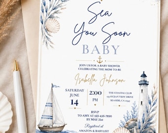 Sea You Soon Baby Shower Invitation: Coastal Nautical Watercolor Template (Digital Download)
