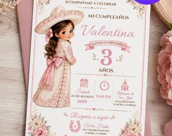 Editable Charra Girl Birthday Invitation Template | Mexican Fiesta Birthday Invite | Pink Floral Charro Invitation | Canva Digital Download