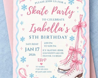 Ice Skating Birthday Invitation, Pink Bow Coquette Skate Party, Editable Canva Template, Winter Birthday Invite, 5x7