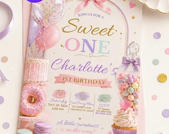 Sweet One Birthday Invitation Template, Pastel 1st Birthday Invite, Candy Birthday Party, Editable Canva Template, Girl First Birthday