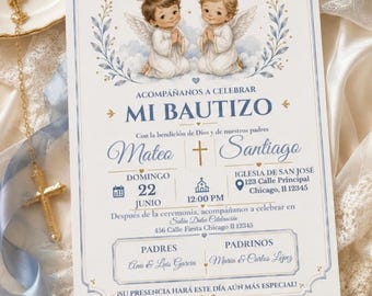 Editable Mi Bautizo Invitation for Twin Boys Angel Baptism Invite Spanish Bautizo Invitation Blue Gold Catholic Invite Canva