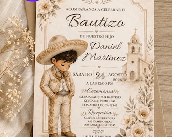 Editable Charro Boy Baptism Invitation Template, Mi Bautizo Invitation, Neutral Beige Watercolor, Canva Editable, 5x7 Digital