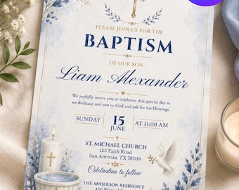 Blue Baptism Invitation Boy Editable Canva Template Elegant Catholic Baptism Invite Baby Boy Christening Digital Download