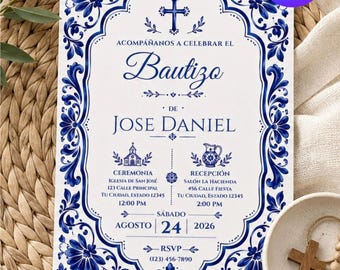 Blue Talavera Baptism Invitation Template, Editable Canva Baptism Invite, Mi Bautizo Invitation, Spanish Baptism Invite
