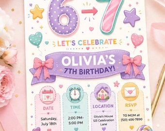 Pastel Coquette Birthday Invitation: I Was 6, Now I'm 7 (Digital Download)