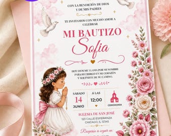 Girl Baptism Invitation: Pink Floral Mi Bautizo Template (Digital Download)