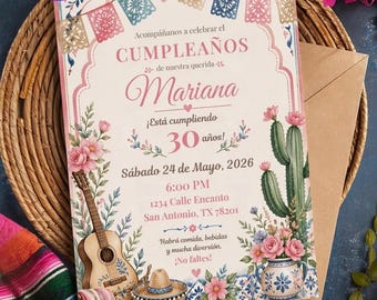 Mexican Fiesta Birthday Invitation Template: Floral Guitar Cactus (Digital Download)