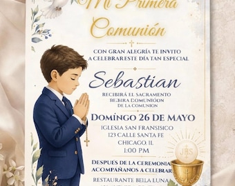 Invitación editable para la Primera Comunión de un niño (en español) (Descarga digital)