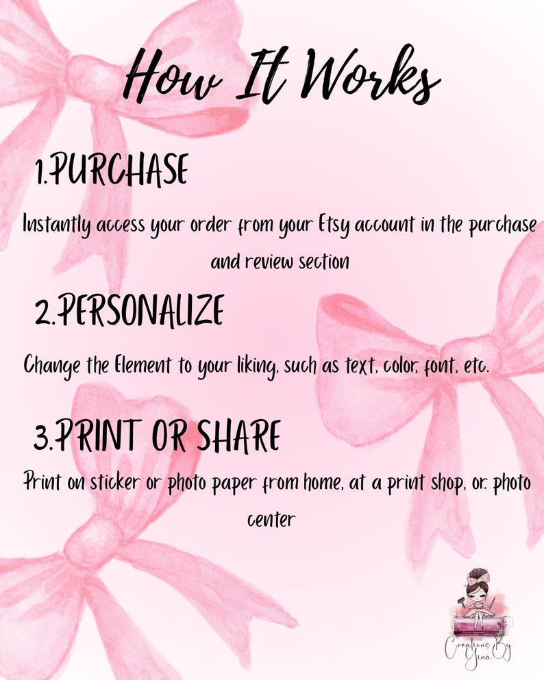 Puede incluir: Un gr&aacute;fico informativo de color rosa claro con lazos estilo acuarela que presenta el texto: How It Works, 1. PURCHASE, Instantly access your order from your Etsy account in the purchase and review section, 2. PERSONALIZE, Change the Element to your liking, such as text, color, font, etc., 3. PRINT OR SHARE, Print on sticker or photo paper from home, at a print shop, or photo center.