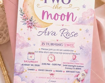 Two The Moon Birthday Invitation Template, Editable Girl 2nd Birthday Invite, Pink Purple Space Party, Canva Digital Download
