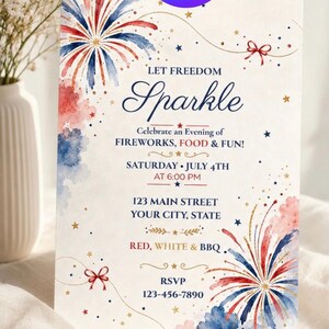 Patriotic fireworks summer celebration invite editable Canva design