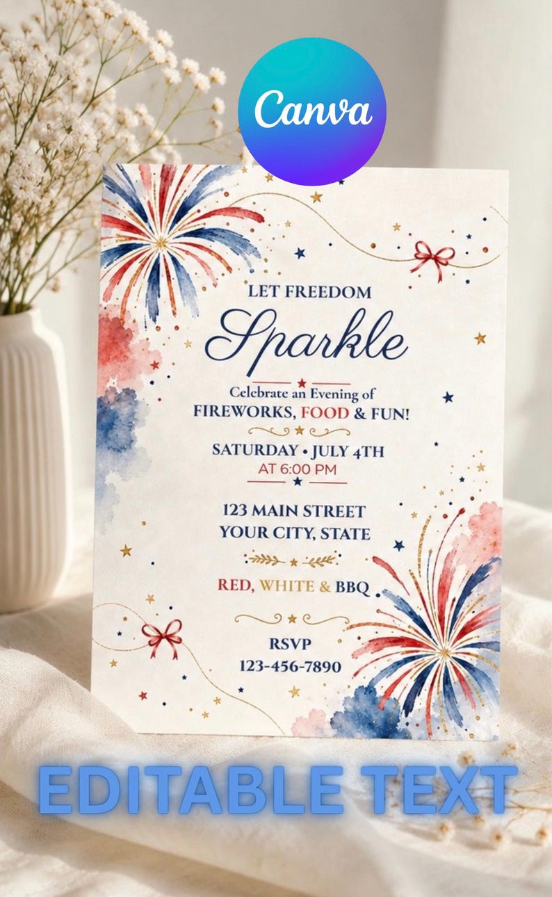 Patriotic fireworks summer celebration invite editable Canva design
