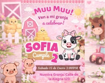Pink Farm Birthday Invitation EN ESPAÑOL | Cow, Canva Editable (Digital Download)