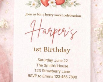 Strawberry First Birthday Invitation, Berry Sweet Party Invite, Watercolor (Digital Download)