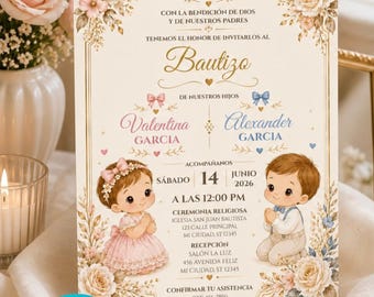 Spanish Twin Baptism Invitation Template: Mi Bautizo Girl Boy (Digital Download)