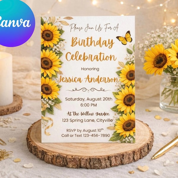 Modello di invito di compleanno a tema girasole, invito rustico a forma di farfalla su Canva (download digitale)