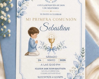 Boy's First Communion Invitation: Editable Blue Gold Catholic Invite (Digital Download)
