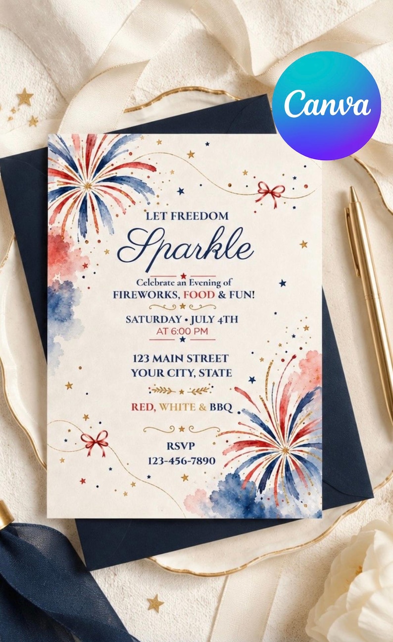 Editable 4th of July invitation Canva patriotic BBQ party template
