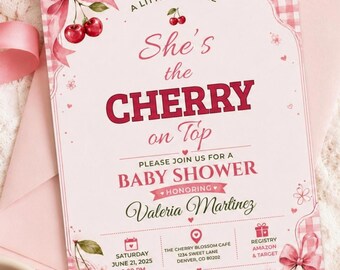Cherry Baby Shower Invitation Template, She’s the Cherry on Top Invite, Editable Canva Template, Pink Cherry Baby Shower