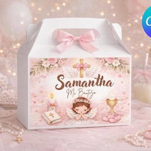 Etiqueta editável para caixa de lembrancinhas de batizado, decoração para batizado de menina (modelo em tela, download instantâneo)