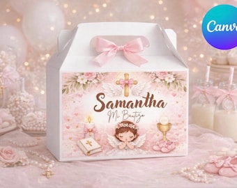Editable Baptism Favor Box Label, Girl Christening Decor (Canva Template, Instant Download)