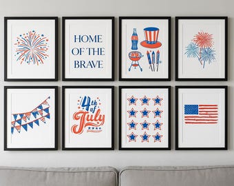 Conjunto de pôsteres decorativos patrióticos para o 4 de julho | Decoração vermelha, branca e azul (Download digital)