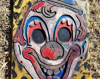 Clown art, handmade wooden wall decor, circus, vintage, carved, painted, classic halloween mask art (Free Shipping - Made to Order)