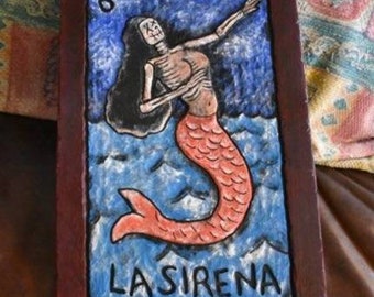 La Sirena Loteria wood art, (original skeleton version), carved and painted wall decor (Made to Order - Free Shipping)