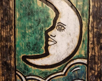 La Luna (moon) Loteria Wall Art, handmade, carved and painted, (Made to Order - Free Shipping)