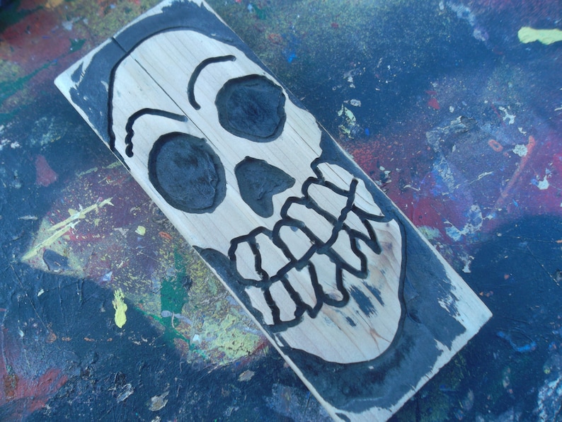 Skull Art, Set of Three, Handmade, Wooden Decor, Carved and Painted