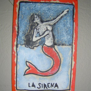 La Sirena, original skeleton mermaid, carved and painted, handmade art, wooden Loteria wall decor Made to Order Free Shipping image 5