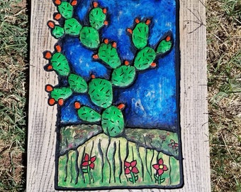 Cactus wall decor, El Nopal - Loteria, handmade, carved and painted, Wooden relief sculpture (Free shipping - Made to Order)