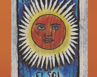 Loteria handmade decor, wooden wall art, El Sol plaque, the sun, wall hanging, Mexican art, wood carving (Free Shipping - Made to Order)