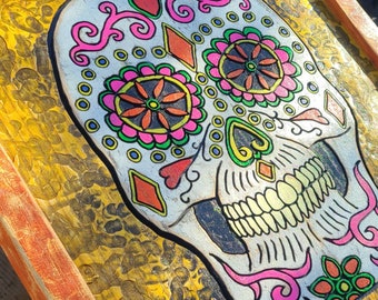 Dia de los Muertos wood art, handmade original decor, wooden Sugar Skull wall art (Made to Order - Free Shipping)